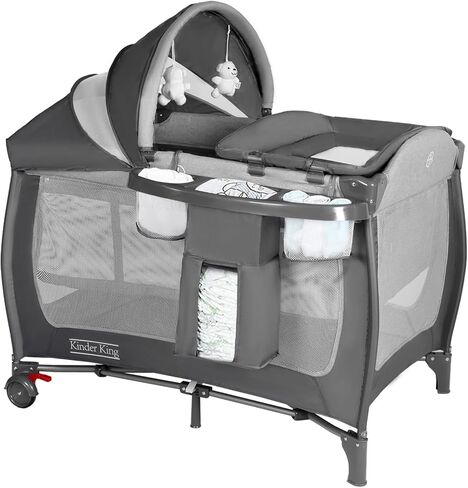 Kinder King 4 in 1 Portable Pack and Play, Baby Playard w/Bassinet, Black | Large Playpen for Infant and Toddler, Newborn Changing Table, Adjustable Canopy, Storage Basket, Travel Bag, 0-36 Months in Saudi Arabia