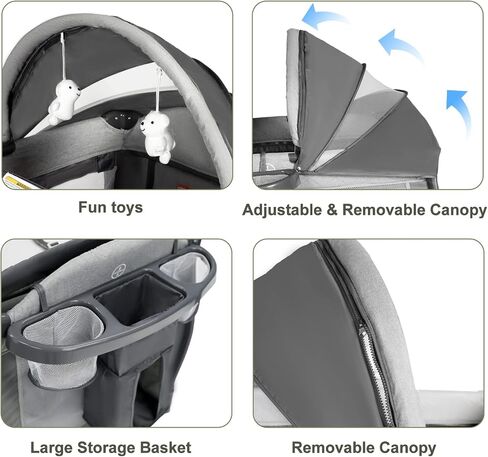 Kinder King 4 in 1 Portable Pack and Play, Baby Playard w/Bassinet, Black | Large Playpen for Infant and Toddler, Newborn Changing Table, Adjustable Canopy, Storage Basket, Travel Bag, 0-36 Months in Saudi Arabia