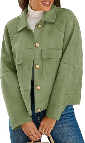 Cicy Bell Womens Faux Suede Leather Jackets Cropped Casual Lapel Collar Button Down Oversized Fall Vintage Shackets in Saudi Arabia