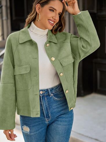 Cicy Bell Womens Faux Suede Leather Jackets Cropped Casual Lapel Collar Button Down Oversized Fall Vintage Shackets in Saudi Arabia