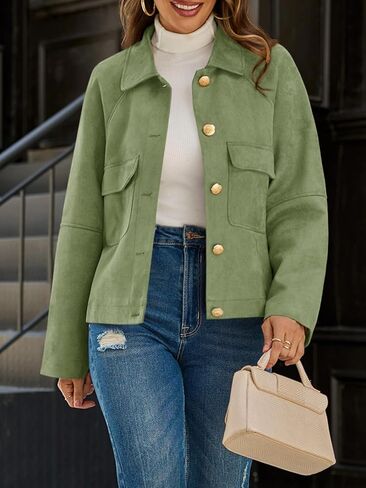 Cicy Bell Womens Faux Suede Leather Jackets Cropped Casual Lapel Collar Button Down Oversized Fall Vintage Shackets in Saudi Arabia