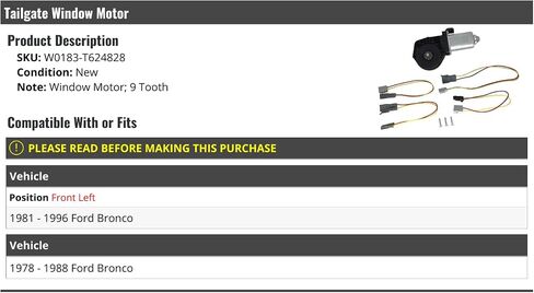 Tailgate Window Motor - 9-Tooth - Compatible with 1978-1996 Ford Bronco in Saudi Arabia