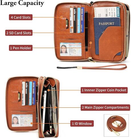 GOIACII Passport Wallet Travel Crossbody Bags for Women Wristlet Phone Purse Double Zip Vegan Leather Brown in Saudi Arabia