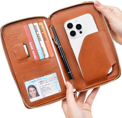 GOIACII Passport Wallet Travel Crossbody Bags for Women Wristlet Phone Purse Double Zip Vegan Leather Brown in Saudi Arabia