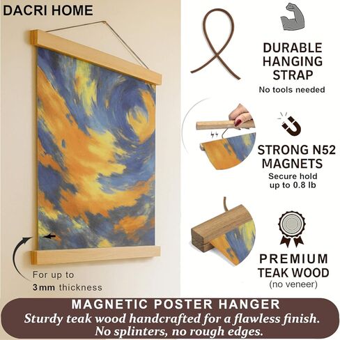 DACRI HOME 74" Magnetic Poster Hanger Frame - Sturdy Teak Wood Poster Frame, Strong Magnets for Safe Hanging Map Picture Print Scroll Wall Art 74x26 74x36 74x48 (74 Inch, Black) in Saudi Arabia