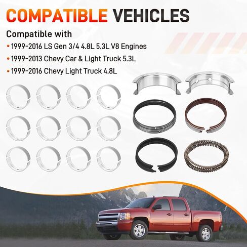 ترقية المحمل الرئيسي والقضيب مع حلقات المكبس المتوافقة مع Chevy، GM LS Gen III IV 4.8L 5.3L- LR4 LY2 L20 LM4 LM7 L59 LC9 LY5 V8 Engine 1999-2016 استبدال # 2M4978 MS2199 BB253J CB663 41859CP in Kuwait