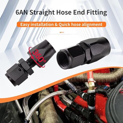 6AN Straight Swivel Hose End Fitting for CPE Braided Fuel Oil Gas Line, Hose End 6 AN Fittings Aluminum Black(2 pcs) in Saudi Arabia