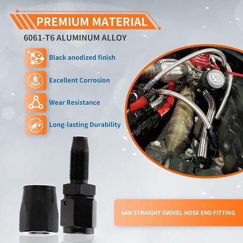 6AN Straight Swivel Hose End Fitting for CPE Braided Fuel Oil Gas Line, Hose End 6 AN Fittings Aluminum Black(2 pcs) in Saudi Arabia