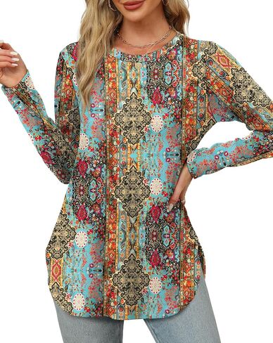 OFEEFAN قمصان الأكمام الطويلة للنساء Crewneck الأساسيات الفضفاضة تونك تونك قمم الزهور الشاطئ العطلات 2025 in Saudi Arabia