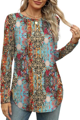 OFEEFAN قمصان الأكمام الطويلة للنساء Crewneck الأساسيات الفضفاضة تونك تونك قمم الزهور الشاطئ العطلات 2025 in Saudi Arabia