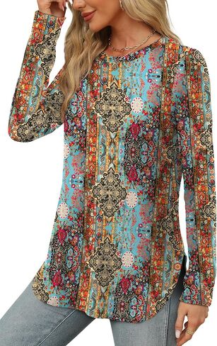 OFEEFAN قمصان الأكمام الطويلة للنساء Crewneck الأساسيات الفضفاضة تونك تونك قمم الزهور الشاطئ العطلات 2025 in Saudi Arabia