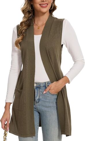 Beautiful Nomad Sleeveless Cardigans for Women Long Sweater Vest Jacket Ribbed Outerwear Coat with Pockets in Kuwait