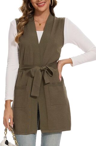 Beautiful Nomad Sleeveless Cardigans for Women Long Sweater Vest Jacket Ribbed Outerwear Coat with Pockets in Kuwait