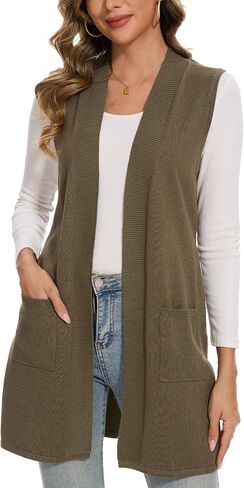 Beautiful Nomad Sleeveless Cardigans for Women Long Sweater Vest Jacket Ribbed Outerwear Coat with Pockets in Kuwait