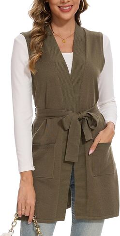 Beautiful Nomad Sleeveless Cardigans for Women Long Sweater Vest Jacket Ribbed Outerwear Coat with Pockets in Kuwait