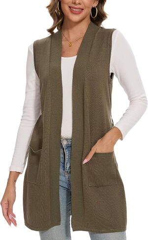 Beautiful Nomad Sleeveless Cardigans for Women Long Sweater Vest Jacket Ribbed Outerwear Coat with Pockets in Kuwait