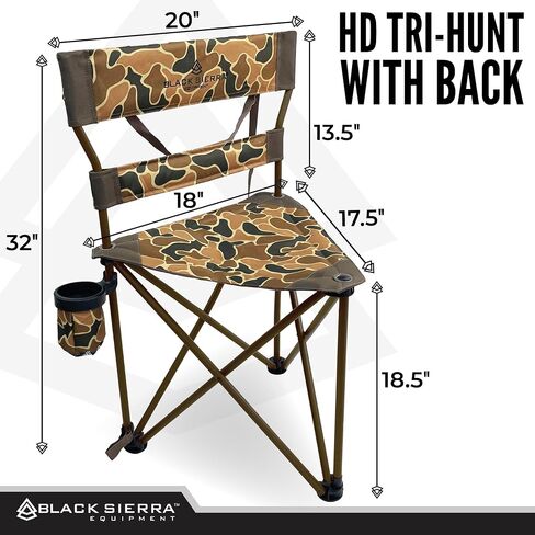 Black Sierra HD Tri-Hunt with Back Hunting Stool, Foldable Tripod Seat w/Steel Frame Supports 300 Lbs, Heavy Duty Fishing Chair Features Cup-Holder & Carry Shoulder Strap, for Camping in Kuwait