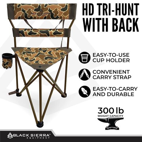 Black Sierra HD Tri-Hunt with Back Hunting Stool, Foldable Tripod Seat w/Steel Frame Supports 300 Lbs, Heavy Duty Fishing Chair Features Cup-Holder & Carry Shoulder Strap, for Camping in Kuwait