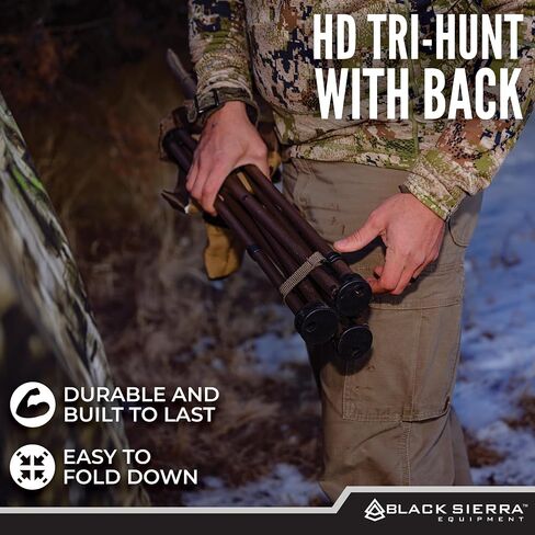 Black Sierra HD Tri-Hunt with Back Hunting Stool, Foldable Tripod Seat w/Steel Frame Supports 300 Lbs, Heavy Duty Fishing Chair Features Cup-Holder & Carry Shoulder Strap, for Camping in Kuwait