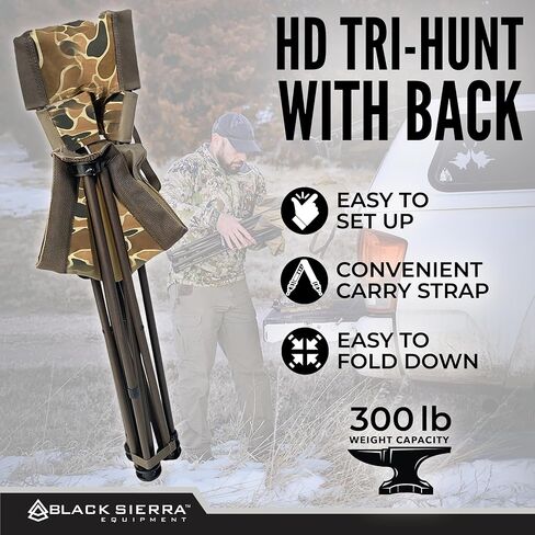 Black Sierra HD Tri-Hunt with Back Hunting Stool, Foldable Tripod Seat w/Steel Frame Supports 300 Lbs, Heavy Duty Fishing Chair Features Cup-Holder & Carry Shoulder Strap, for Camping in Kuwait