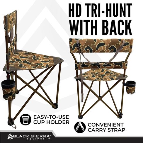 Black Sierra HD Tri-Hunt with Back Hunting Stool, Foldable Tripod Seat w/Steel Frame Supports 300 Lbs, Heavy Duty Fishing Chair Features Cup-Holder & Carry Shoulder Strap, for Camping in Kuwait