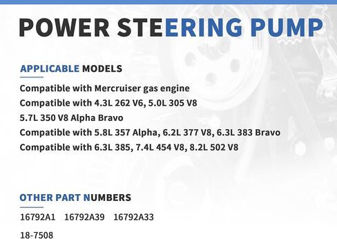 Power Steering Pump 18-7508 Compatible with Mercruiser Alpha Bravo Engines 4.3L 8.2L V6 V8, Compatible with Volvo Penta & OMC, Replaces # 16792A39 in Saudi Arabia