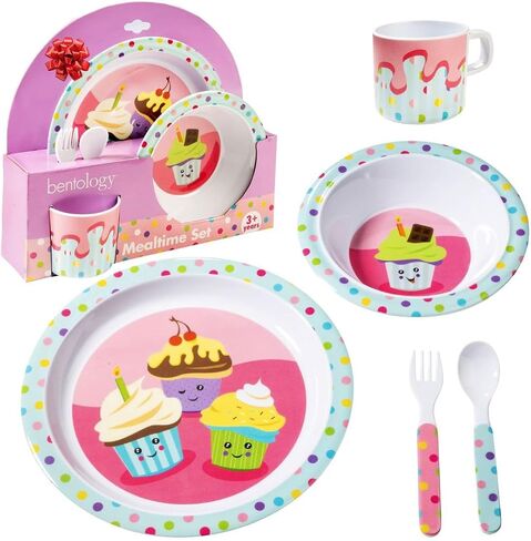 Bentology 5 Pc Melamine Dinnerware Mealtime Set Toddlers & Kids, Dinosaur | Includes Raised Edge Plate & Bowl, Cup, Fork & Spoon- Dishwasher Safe, BPA Free- Cute Durable Feeding Dish, Break-Resistant in Saudi Arabia