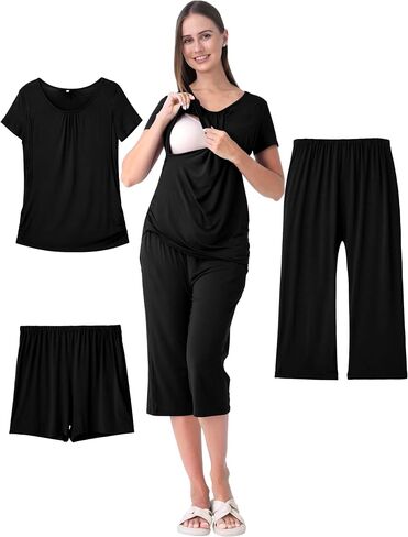 3 Piece Maternity Nursing Pajamas Set for Women Breastfeeding Shirts Pjs Postpartum Shorts&Capri Pants Pockets in Saudi Arabia