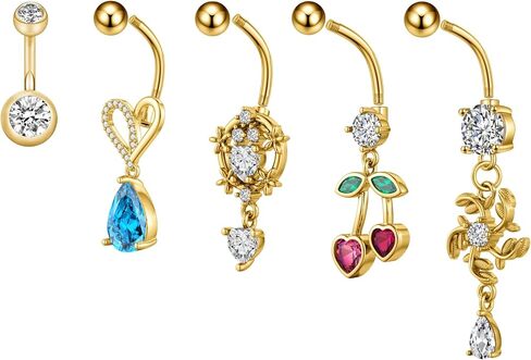 Gold Belly Button Rings for Women, 5PCS Dangle Belly Rings Set with Heart, Moon, Butterfly, Zircon Charms, Stainless Steel Belly Piercing Jewelry in Saudi Arabia