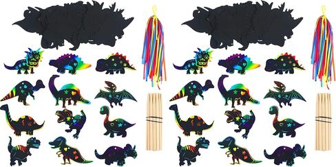 Outus 120pcs Scratch Dinosaur Craft Art Kits for Kids with 48 Scratch Dinosaur Paper24 Wooden Styluses and 48 Ribbons for Theme Birthday Party Game Supplies in Kuwait