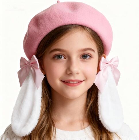 Kawaii Bunny Ear Beret Hat with Bow Cute Lolita Style Cosplay Hat Furry Rabbit Ear Artist Cap for Girls & Teens in Saudi Arabia