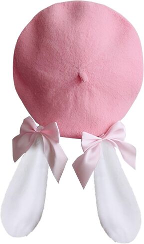 Kawaii Bunny Ear Beret Hat with Bow Cute Lolita Style Cosplay Hat Furry Rabbit Ear Artist Cap for Girls & Teens in Saudi Arabia