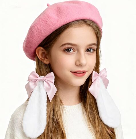 Kawaii Bunny Ear Beret Hat with Bow Cute Lolita Style Cosplay Hat Furry Rabbit Ear Artist Cap for Girls & Teens in Saudi Arabia