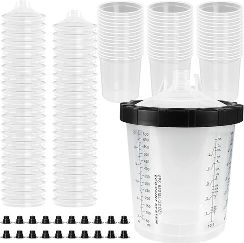 Disposable Paint Cups System 600ml (20oz) for HVLP Automotive Spray Gun, PPS Compatible Mixing Measuring Filter Cups with 125 Micron Strainer, 50 Lids & Liners, Hard Cup, Plugs, Stirring Stick in Kuwait
