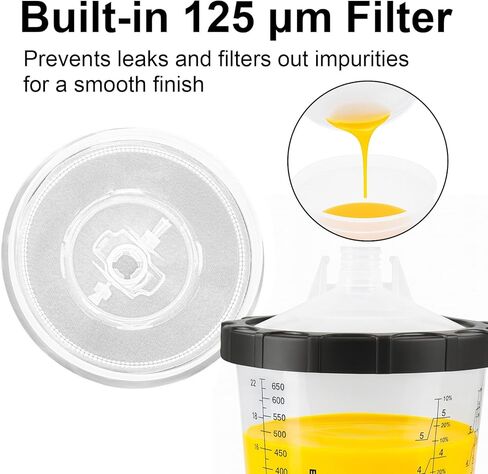 Disposable Paint Cups System 600ml (20oz) for HVLP Automotive Spray Gun, PPS Compatible Mixing Measuring Filter Cups with 125 Micron Strainer, 50 Lids & Liners, Hard Cup, Plugs, Stirring Stick in Kuwait