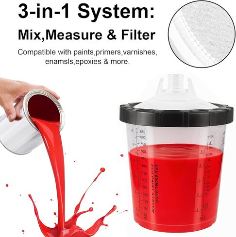 Disposable Paint Cups System 600ml (20oz) for HVLP Automotive Spray Gun, PPS Compatible Mixing Measuring Filter Cups with 125 Micron Strainer, 50 Lids & Liners, Hard Cup, Plugs, Stirring Stick in Kuwait
