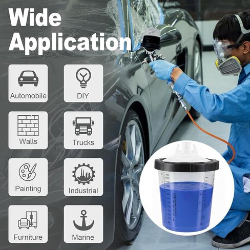 Disposable Paint Cups System 600ml (20oz) for HVLP Automotive Spray Gun, PPS Compatible Mixing Measuring Filter Cups with 125 Micron Strainer, 50 Lids & Liners, Hard Cup, Plugs, Stirring Stick in Kuwait