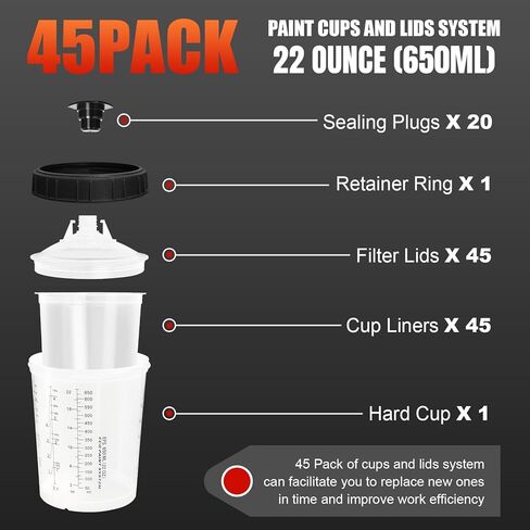 Disposable Paint Cups System 600ml (20oz) for HVLP Automotive Spray Gun, PPS Compatible Mixing Measuring Filter Cups with 125 Micron Strainer, 50 Lids & Liners, Hard Cup, Plugs, Stirring Stick in Kuwait