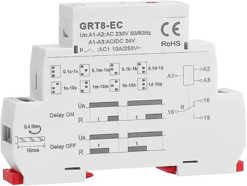 GRT8-EC مرحل مؤقت صناعي، تأخير تشغيل/إيقاف مزدوج الوظيفة 10 أمبير، تيار متردد/تيار مستمر 24 فولت - 380 فولت، وحدة تحكم مثبتة على السكك الحديدية DIN مع مؤشرات LED in Kuwait
