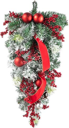 Glitzhome Christmas Teardrop غنيمة 28 بوصة حمراء الرمان التوت والورقة المقدسة ديكور الباب الأمامي ، والمساحات الخضراء في الخارج في الهواء الطلق مع خاتم الروطان للربح ، والشرفة ، وديكور معلق احتفالي in Kuwait