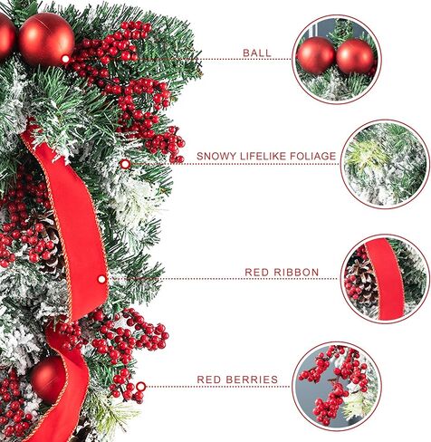 Glitzhome Christmas Teardrop غنيمة 28 بوصة حمراء الرمان التوت والورقة المقدسة ديكور الباب الأمامي ، والمساحات الخضراء في الخارج في الهواء الطلق مع خاتم الروطان للربح ، والشرفة ، وديكور معلق احتفالي in Kuwait