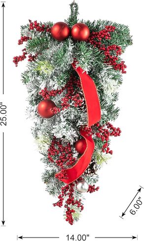 Glitzhome Christmas Teardrop غنيمة 28 بوصة حمراء الرمان التوت والورقة المقدسة ديكور الباب الأمامي ، والمساحات الخضراء في الخارج في الهواء الطلق مع خاتم الروطان للربح ، والشرفة ، وديكور معلق احتفالي in Kuwait