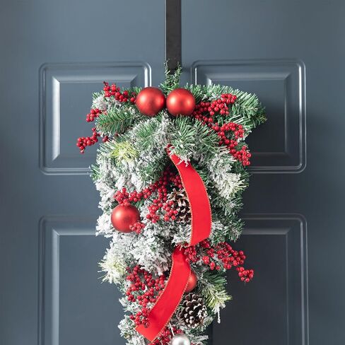 Glitzhome Christmas Teardrop غنيمة 28 بوصة حمراء الرمان التوت والورقة المقدسة ديكور الباب الأمامي ، والمساحات الخضراء في الخارج في الهواء الطلق مع خاتم الروطان للربح ، والشرفة ، وديكور معلق احتفالي in Kuwait