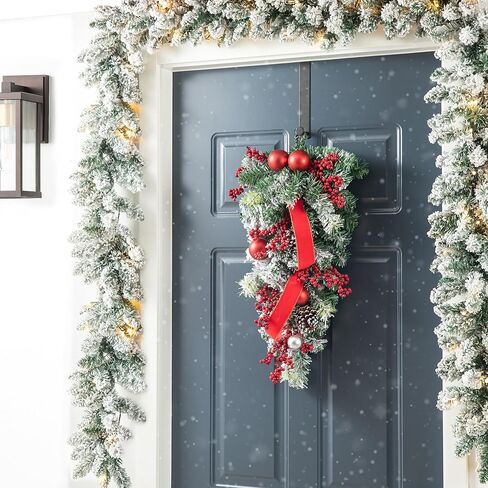 Glitzhome Christmas Teardrop غنيمة 28 بوصة حمراء الرمان التوت والورقة المقدسة ديكور الباب الأمامي ، والمساحات الخضراء في الخارج في الهواء الطلق مع خاتم الروطان للربح ، والشرفة ، وديكور معلق احتفالي in Kuwait