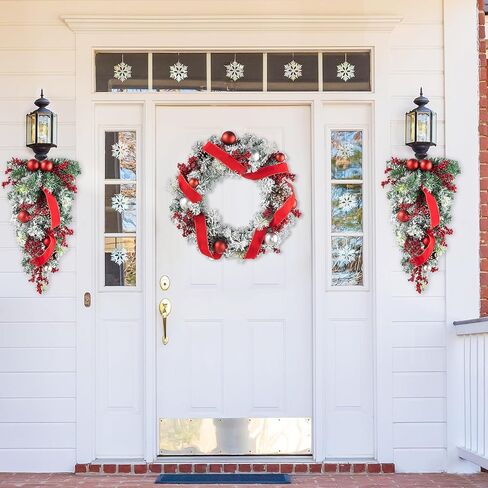 Glitzhome Christmas Teardrop غنيمة 28 بوصة حمراء الرمان التوت والورقة المقدسة ديكور الباب الأمامي ، والمساحات الخضراء في الخارج في الهواء الطلق مع خاتم الروطان للربح ، والشرفة ، وديكور معلق احتفالي in Kuwait
