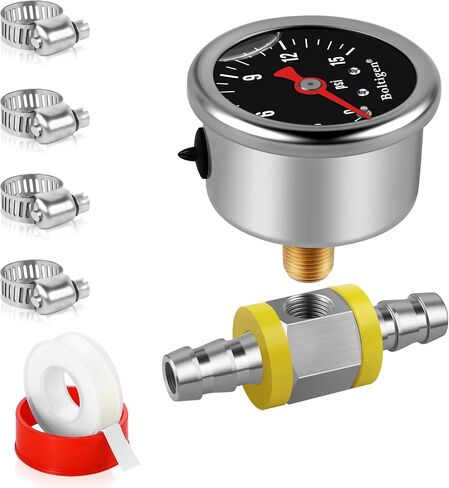Boltigen Fuel Pressure Gauge, 1/8'' NPT Inline Fuel Pressure Guage Kit with 3/8'' Barb, Stainless Steel, 0-15Psi Glycerin Filled, Center Back Mount (Black) in Saudi Arabia