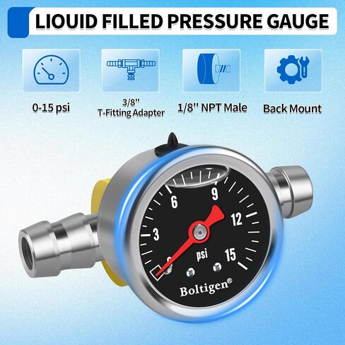 Boltigen Fuel Pressure Gauge, 1/8'' NPT Inline Fuel Pressure Guage Kit with 3/8'' Barb, Stainless Steel, 0-15Psi Glycerin Filled, Center Back Mount (Black) in Saudi Arabia