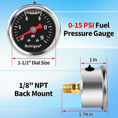 Boltigen Fuel Pressure Gauge, 1/8'' NPT Inline Fuel Pressure Guage Kit with 3/8'' Barb, Stainless Steel, 0-15Psi Glycerin Filled, Center Back Mount (Black) in Saudi Arabia