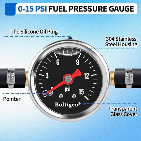Boltigen Fuel Pressure Gauge, 1/8'' NPT Inline Fuel Pressure Guage Kit with 3/8'' Barb, Stainless Steel, 0-15Psi Glycerin Filled, Center Back Mount (Black) in Saudi Arabia