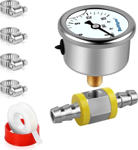 Boltigen Fuel Pressure Gauge, 1/8'' NPT Inline Fuel Pressure Guage Kit with 3/8'' Barb, Stainless Steel, 0-15Psi Glycerin Filled, Center Back Mount (Black) in Saudi Arabia